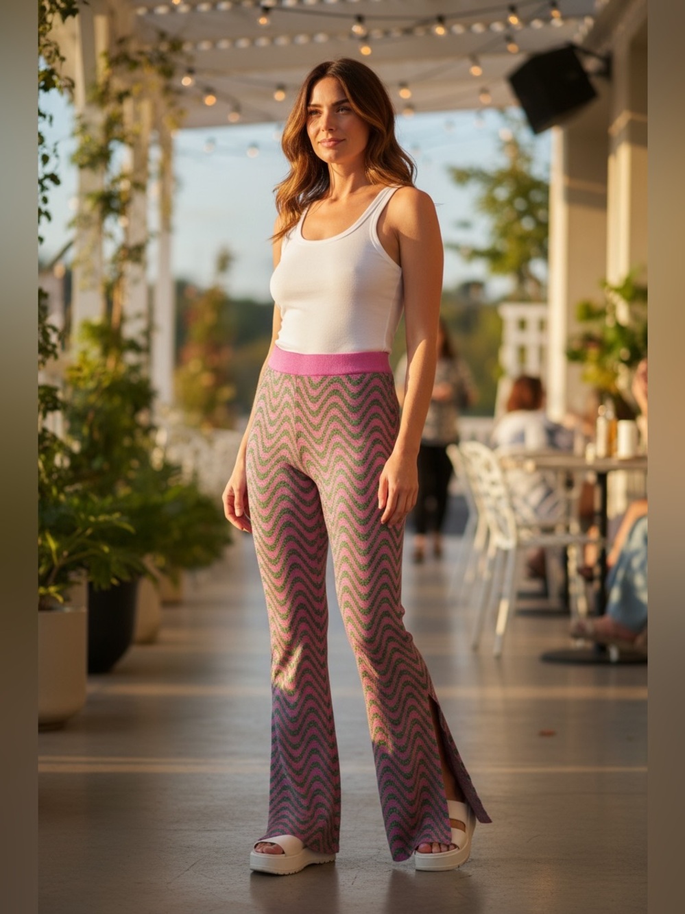 Urban Outfitters BNWOT Pink & Green Wave Wide Leg Pants w/Slits!!